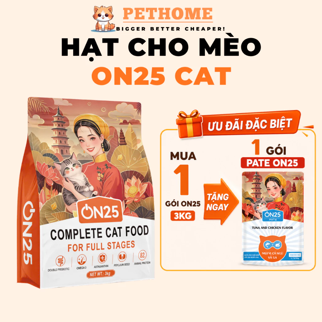 Hạt Cho Mèo ON25 CAT Giúp Sáng Mắt Lông Mượt, Phân Khô, Tiêu Hoá Trơn Tru, Tăng Cường Miễn Dịch