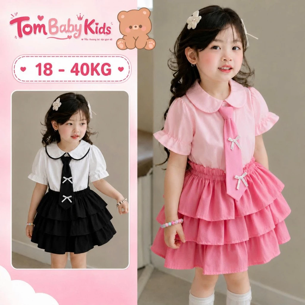 Set đồ học sinh bé gái tay bèo phối chân váy tầng, Tặng Cà Vạt đính nơ siêu xinh 18-38kg Tom Baby Kids (HS-152HN)