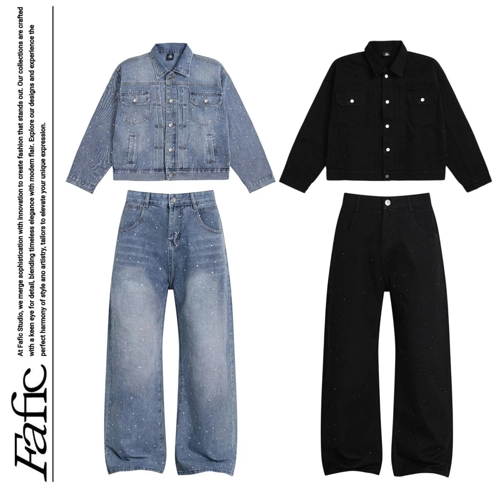 Quần Jean Dài Wash ĐÍNH ĐÁ , Áo khoác jean  BLING BLING FAFIC Studio ỐNG RỘNG unisex Quần Jeans suông jean Nam Nữ