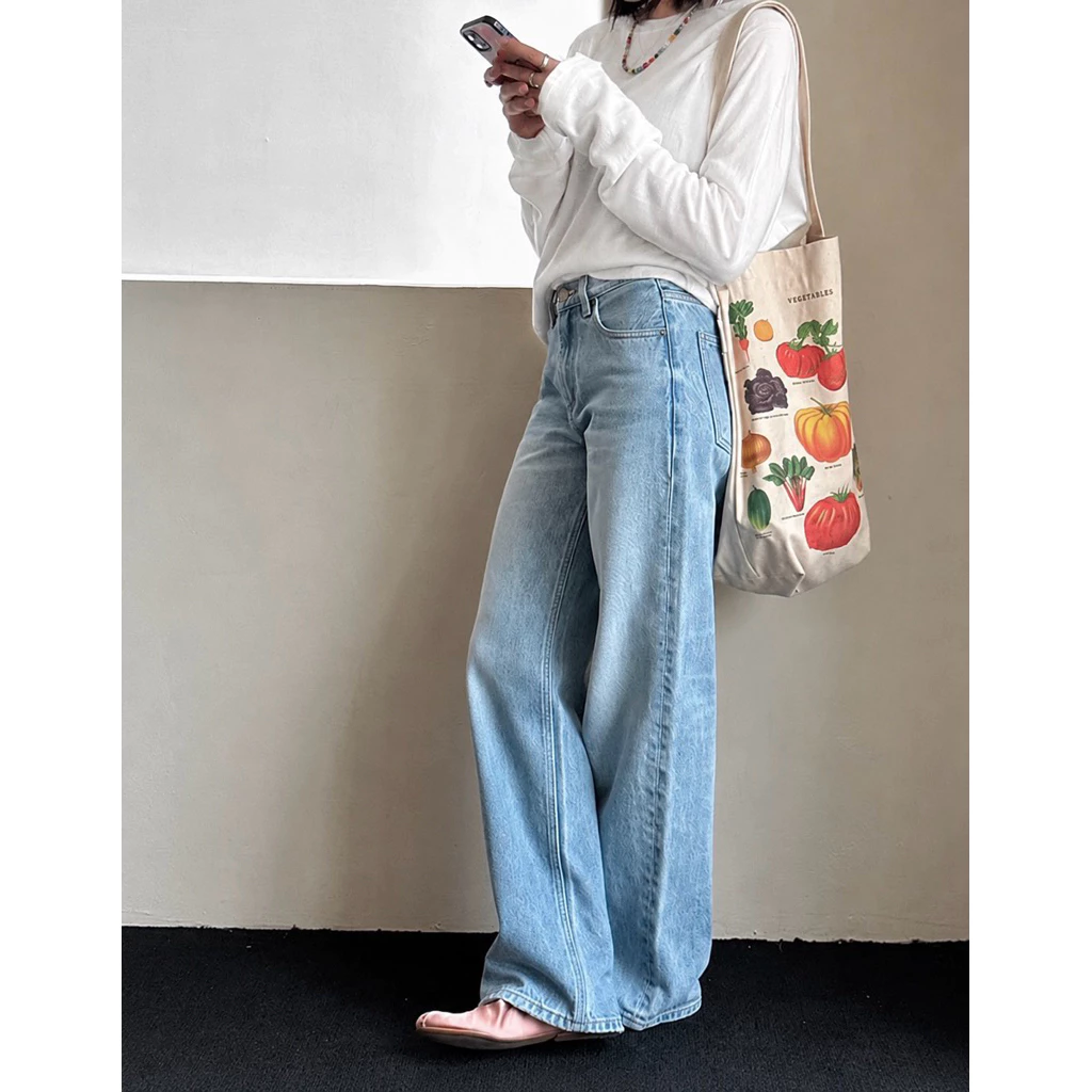 Quần jeans nữ xanh bạc ống rộng lưng cao kiểu dáng Ulzzang 2026