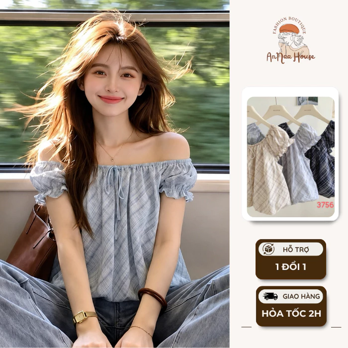 Áo trễ vai họa tiết kẻ tay bồng form đẹp, áo kiểu nữ dáng bí chất đẹp phong cách trẻ trung Hàn Quốc