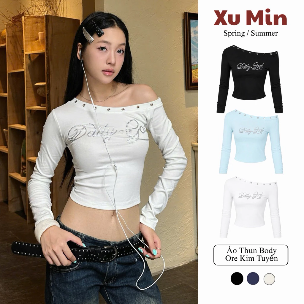 Áo Thun Xumin Dài Tay Body In Kim Tuyến Màu Đen Xanh Trắng Phong Cách Xuân Hè ( Kim Tuyến Dài Tay)