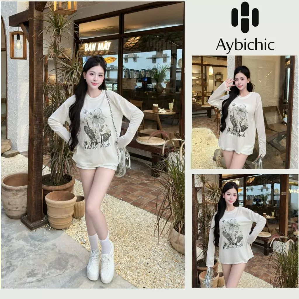 VẢI TENCEL Giấy Lụa Áo Thun Dài Tay Nữ In Hình Bông Hoa Không Nhăn Fresize Dưới 65kg Dễ Mix Đồ AB7762