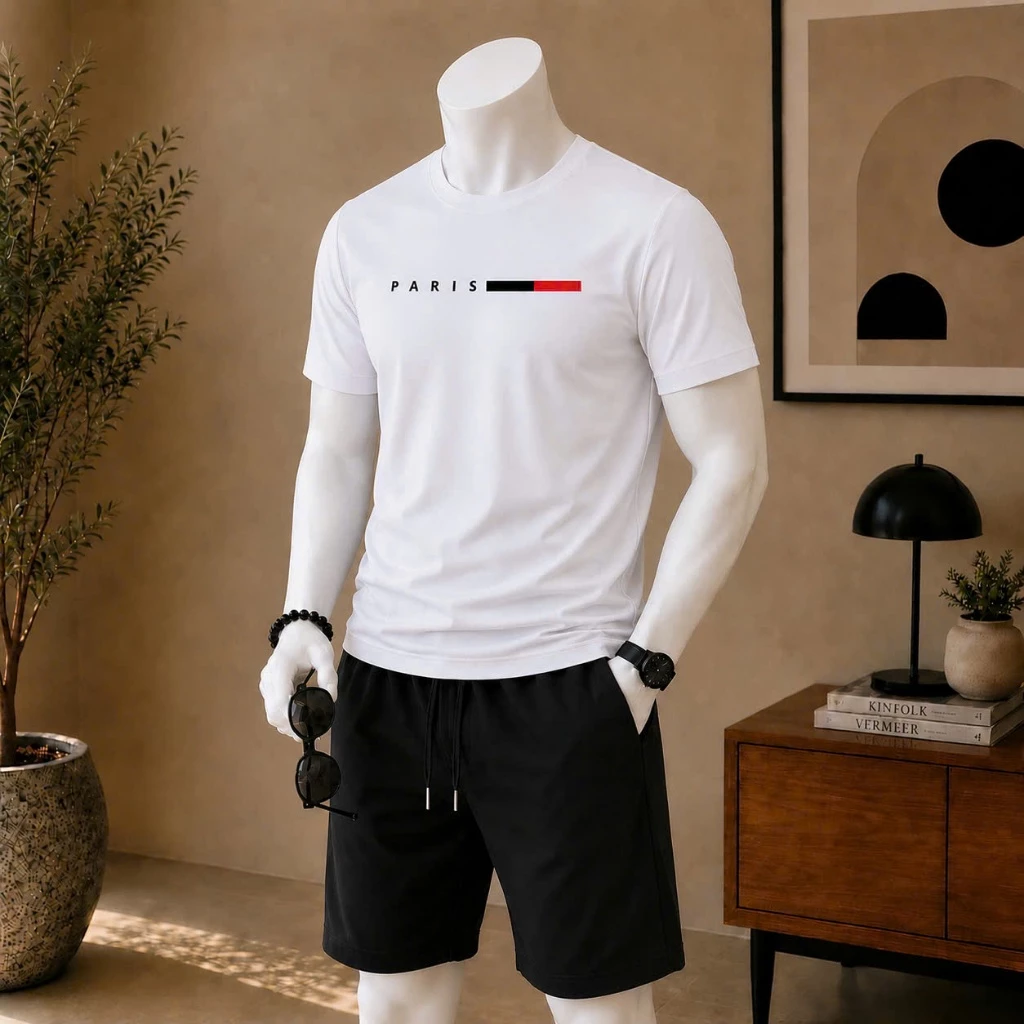 [004] Bộ Quần Áo Thể Thao Nam Thêu PARIS cao cấp – Áo Thun Cộc Tay + Quần Short Mềm Mịn, Thoáng Mát, Co Giãn 4 chiều