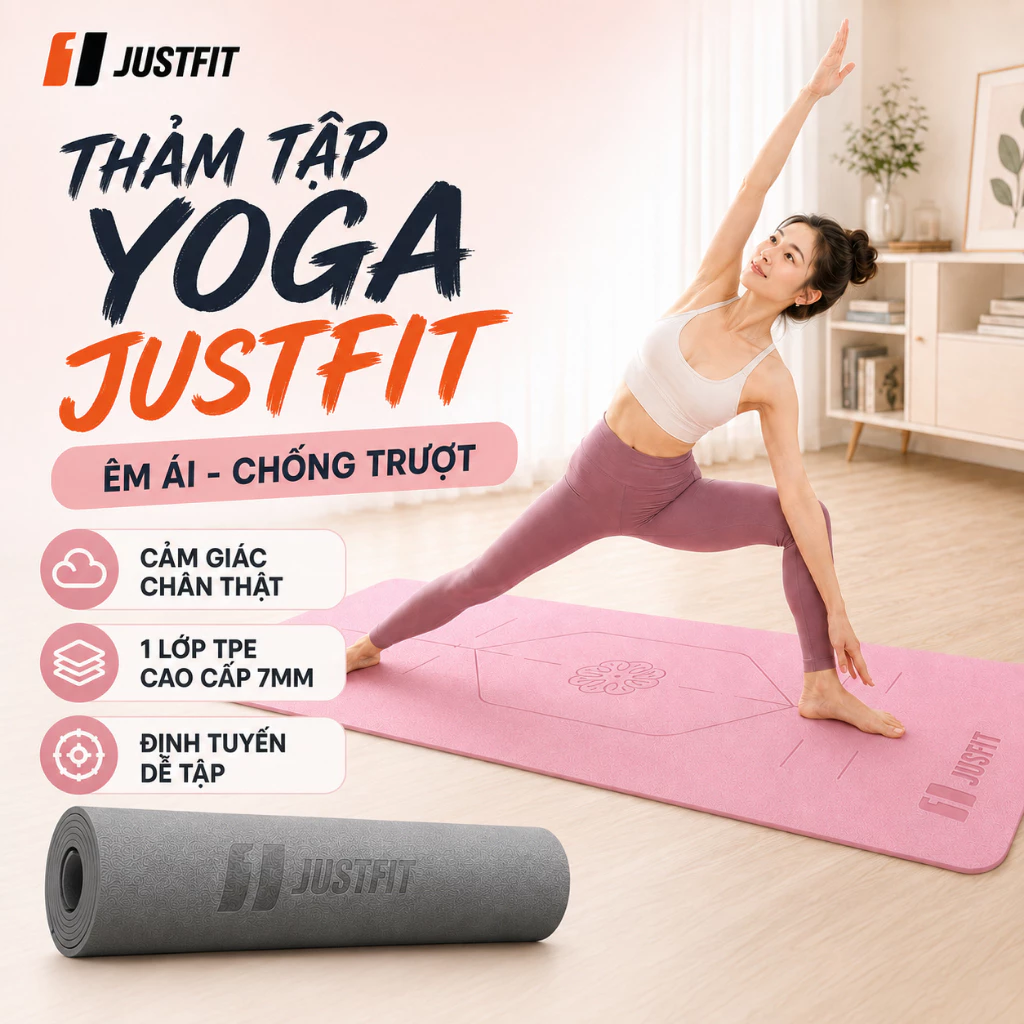 Thảm tập yoga chống trượt cao cấp TPE JUSTFIT định tuyến, tập gym chống trơn trượt 7mm