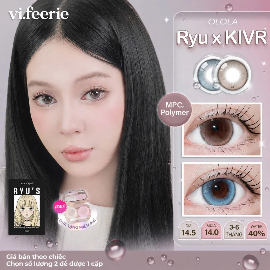 (OLOLA) Kính áp tròng (lens) giãn tròng 14.5 nâu trong veo và xanh sáng có viền 6 tháng RYU x KIVR - Vi Feerie lens