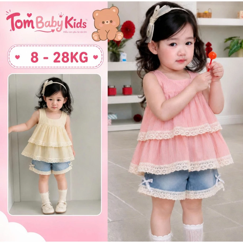 Set đồ bé gái, bộ áo Thô Ren phối quần Jean cao cấp cho bé gái Tom Baby Kids (B-035-AK)