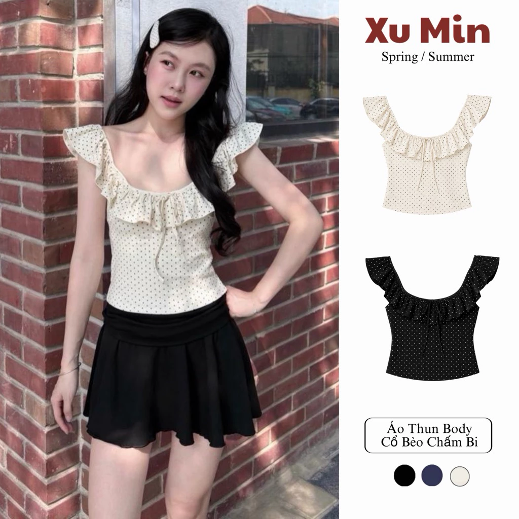 Áo Thun Xu Min Min Chất Thun Cotton Co Giãn Cổ Bèo Có Dây Sau Lưng Trendy ( Cổ Bèo Có Dây )