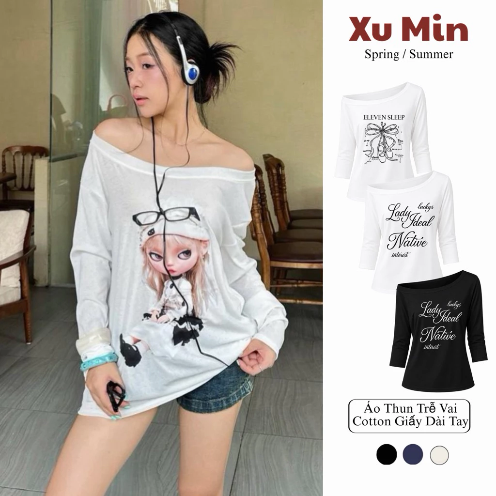 Áo Thun Xu Min Min Dài Tay Chất Cotton Giấy Trễ Vai In Hình Đặc Sắc ( Thun  Giấy Dài Tay )