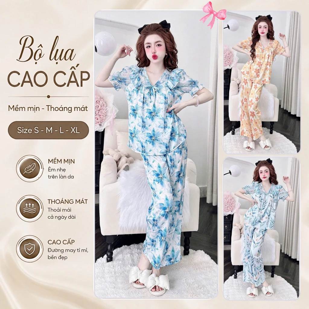 N8 Bộ mặc nhà nữ tiểu thư chất Lụa Latin phối vôn cao cấp, hàng chuẩn shop đủ size 40-75kg, thoáng mát