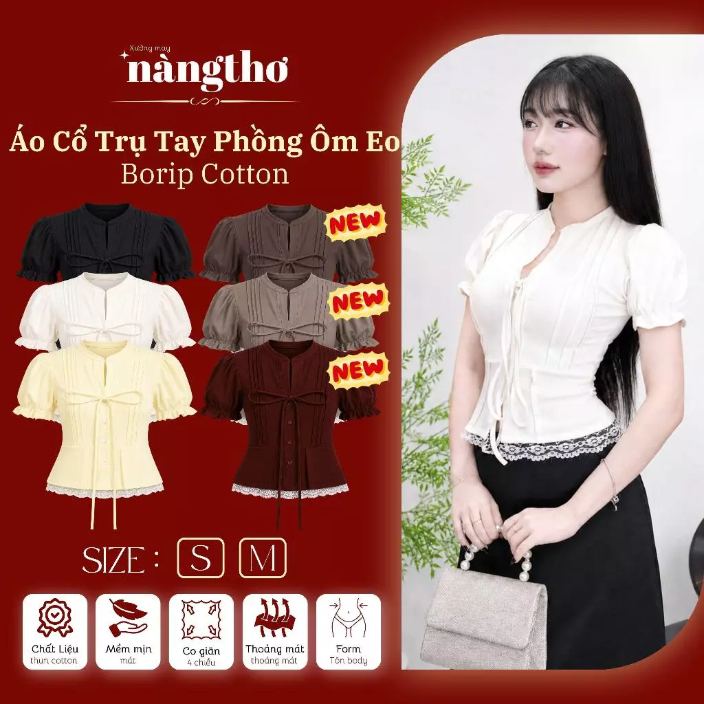233[MÀU MỚI VỀ]Bow Belle-Áo Chất Borip Cotton Co Giãn Thiết Kế Tiểu Thư Tay Phồng Ôm Eo