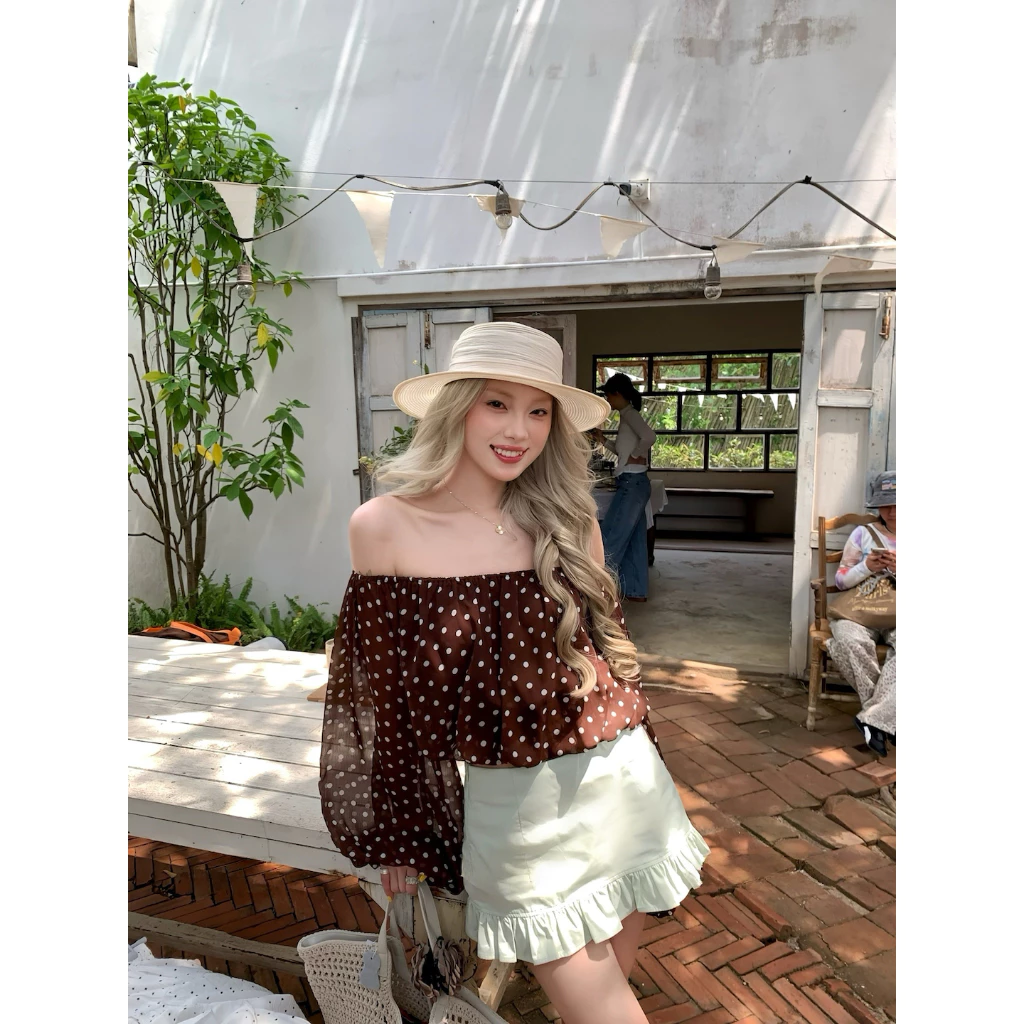 [MINT] Áo trễ vai tay bồng hoạ tiết lạ mắt mặc được nhiều kiểu Taylor top