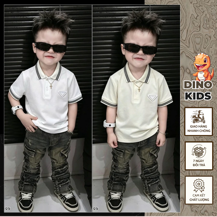 Áo Polo Bé Trai Pra Da Thêu Logo Phối Kẻ Viền Cổ Cực Chất_ Áo Polo Cho Bé Chất Cotton Co Dãn Thoáng Mát