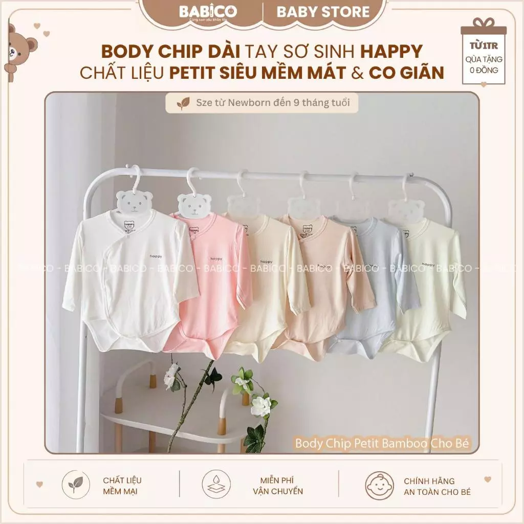Body Chip Dài Tay Sơ Sinh Happy Vải Petit QC Siêu Mềm Mát, Co Giãn Cho Bé 0-9 Tháng - Babico