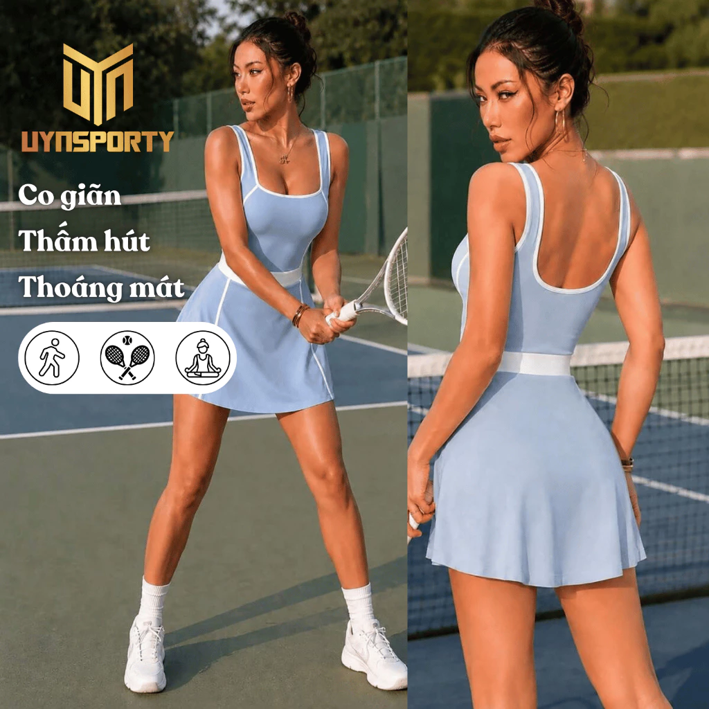 Váy Pickleball Nữ UYNSPORTY Có Quần Trong Chống Lộ, Cổ Vuông Hở Lưng, Váy Tennis Thể Thao [Giảm Sz]