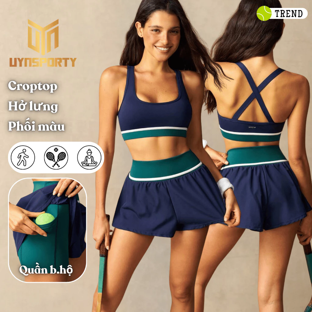 Đồ Tập Pickleball Nữ UYNSPORTY Áo Croptop Raglan Hở Lưng, Chân Váy Quần Xếp Ly, Bộ Pickleball Nữ