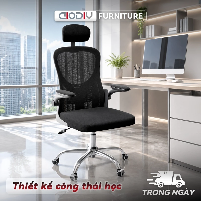 Ghế Công Thái Học AIODIY, Ghế Văn Phòng Lưới Thoáng Khí, Hỗ Trợ Cột Sống, Tựa Đầu, Văn Phòng & Gia Đình