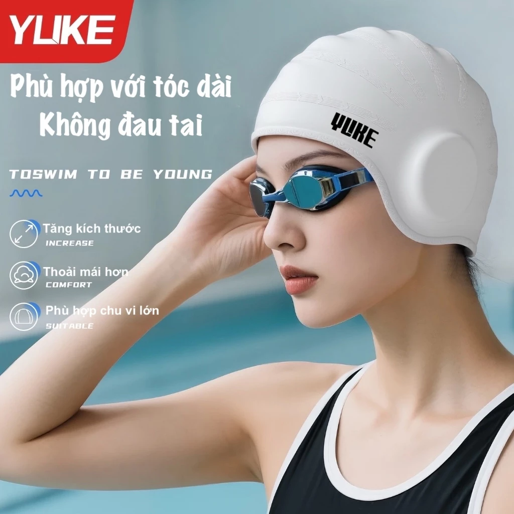 Mũ bơi silicone người lớn trùm tai YUKE GJ019, chống nước chống clo, bảo vệ tóc hiệu quả