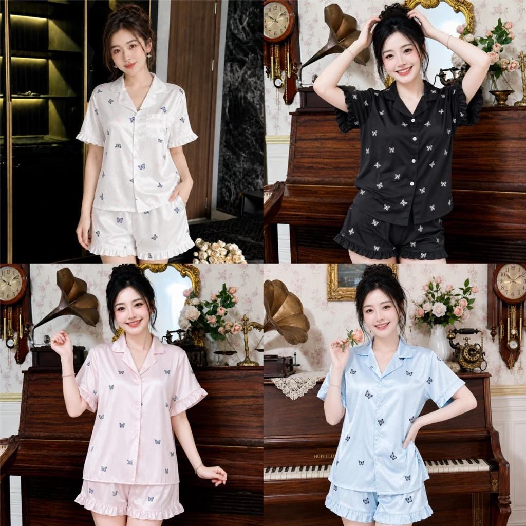 Bộ đồ pyjama lụa xước cao cấp in hình dễ thương phối bèo sang chảnh mặc đi chơi , ở nhà B06