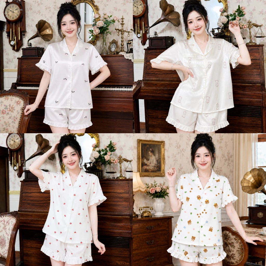 Bộ đồ pyjama lụa xước cao cấp in hình cute phối bèo sang chảnh mặc đi chơi , ở nhà B06
