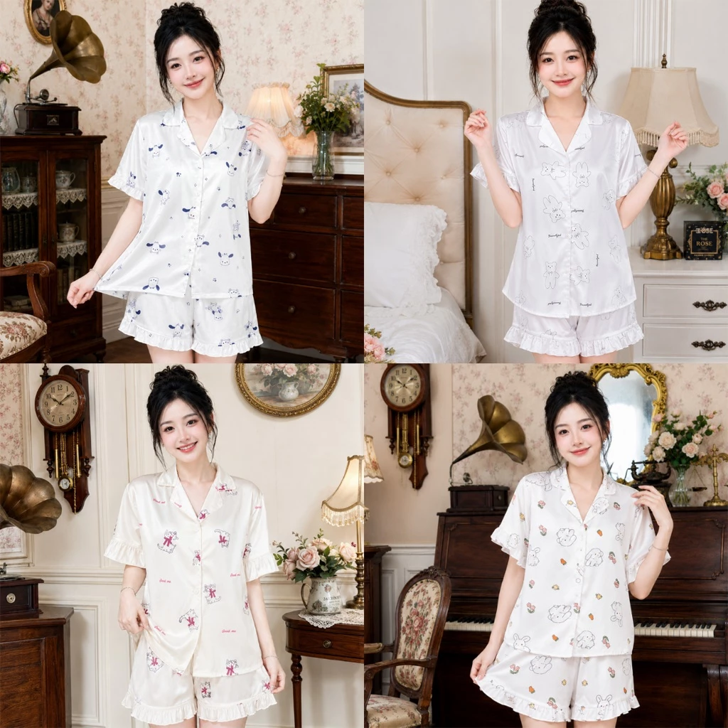Bộ đồ pyjama lụa xước cao cấp in nhiều hình cute phối bèo sang chảnh mặc đi chơi , ở nhà B06