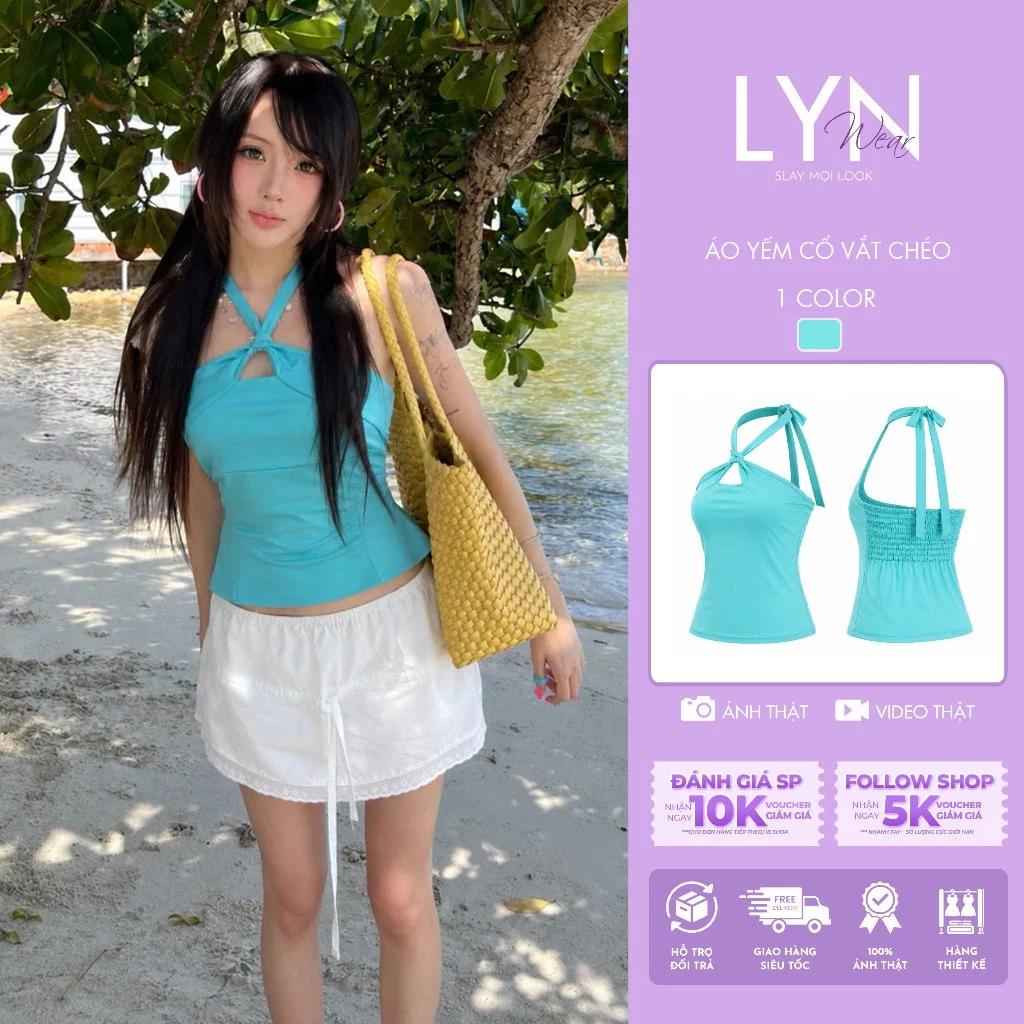 | LYN WEAR | (HOẢ TỐC) Áo Yếm Cổ Vắt Chéo Nữ Form Ôm Co Giãn Xanh Tiffany Đi Biển Dạo Phố
