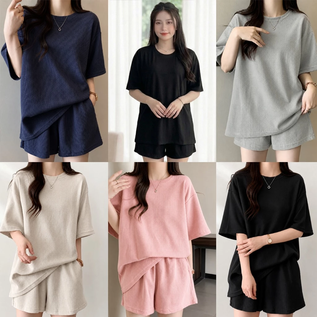 Set Đồ Nữ Cotton Tổ Ong Sài Gòn, Bộ Quần Đùi Áo Form Rộng Tay Lỡ Quần Ống Rộng Mặc Nhà, Đi Chơi B02