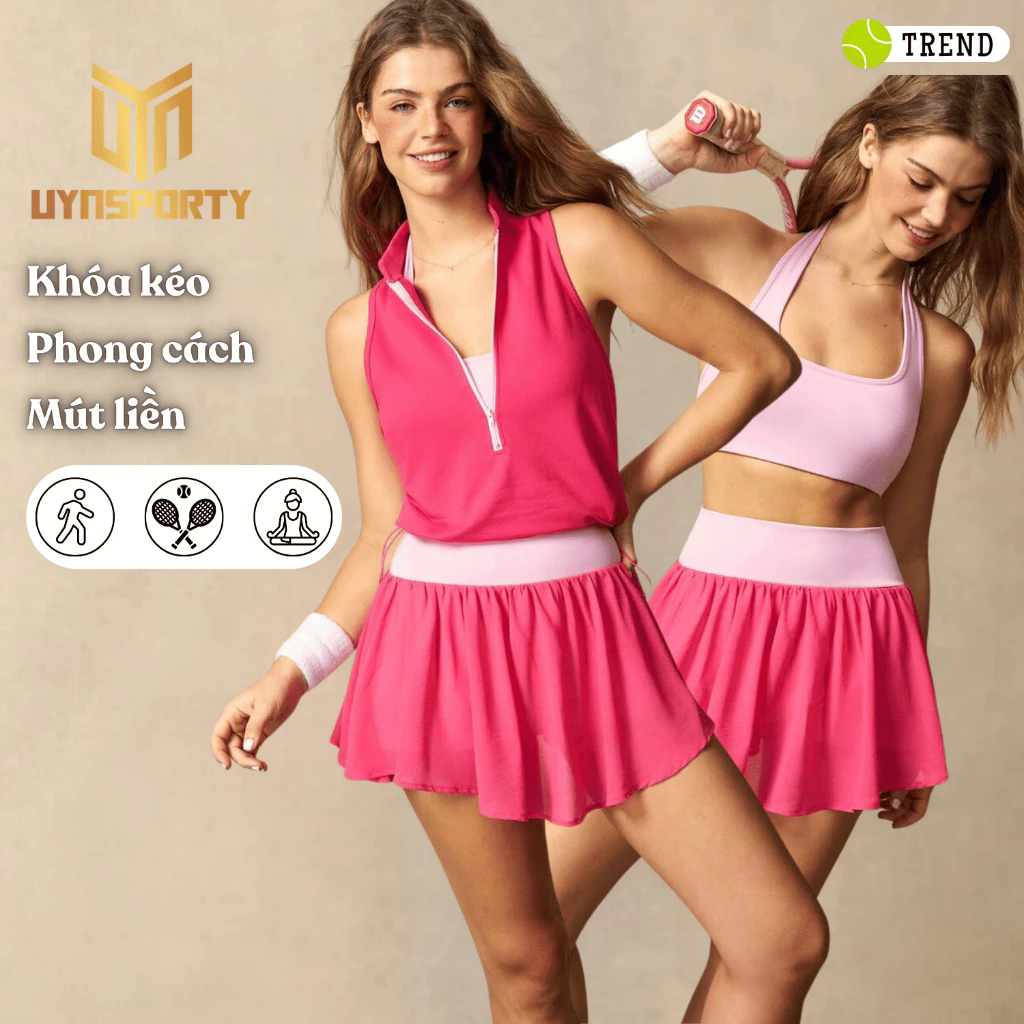 [3 Món] Đồ Tập Pickleball Nữ UYNSPORTY Áo Tank Cổ Đứng Lưng Racerback, Chân Váy Quần Khóa Kéo