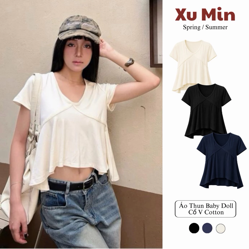 Áo Thun Xu Min Min Dáng Baby Doll Vạt Bồng Cổ Viền V ( Baby Doll Viền Cổ V )