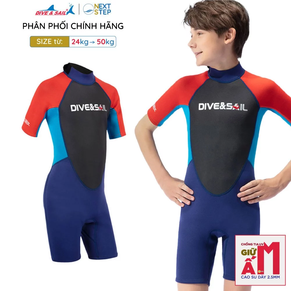 Đồ bơi giữ nhiệt bé trai Dive and Sail size lớn 24kg - 50kg cao su dày 2.5mm chống lạnh ngăn tia UV
