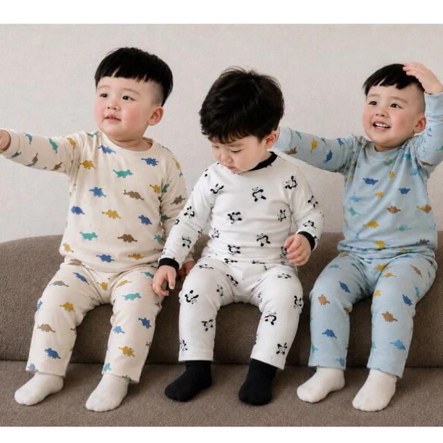 Bộ Dài Tay Thu Đông Khủng Long Chất Cotton Thun Mềm Mịn Cho Bé 8-18kg