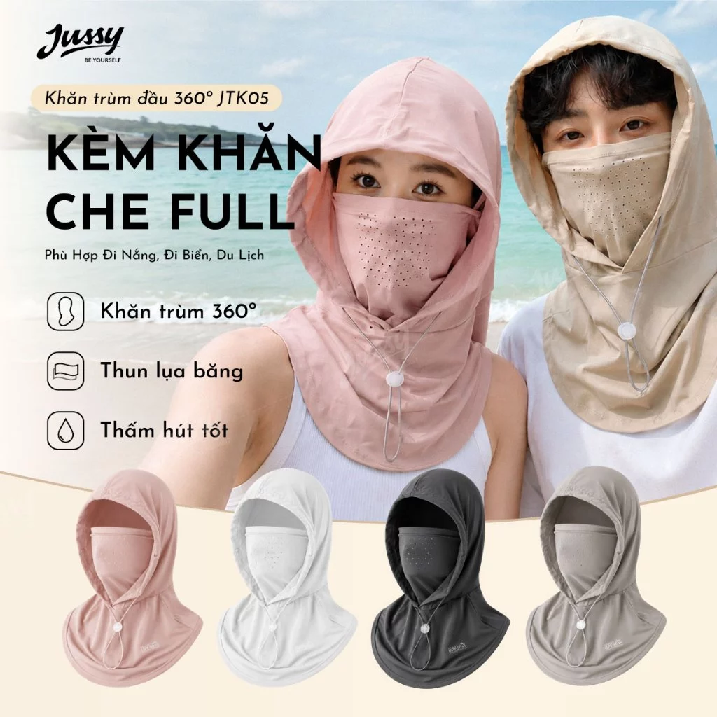 Khăn Trùm Đầu Chống Nắng Che Full Cổ Vai JKT05 Jussy Official Kèm Khẩu Trang Vải Thun Lụa Băng Mát Lạnh Chống Tia UV Đội