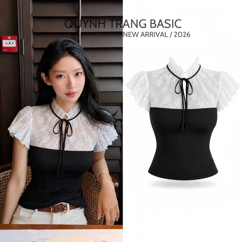 Celestia Lace Top | Áo Ren Phối Thun Nữ Cổ Bèo Buộc Nơ Tay Cánh Tiên Form Ôm Thanh Lịch By Quynh Trang Basic
