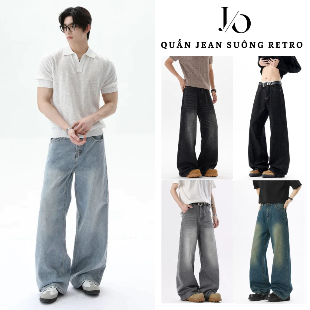 Quần Jean RETRO Suống Ống Rộng Nam Lưng Cao Quần Bò Jean Denim Form Đứng Unisex Màu Xanh Đen BIGSIZE