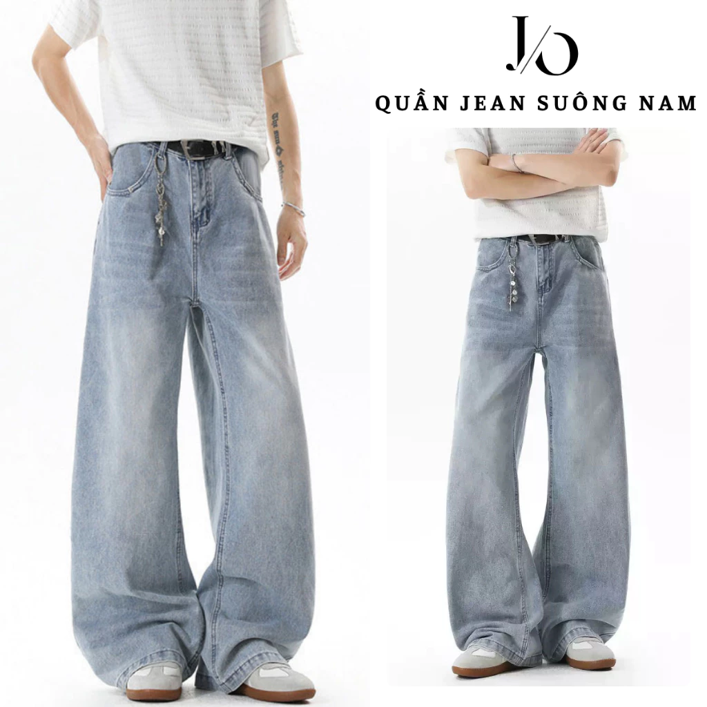 Quần Jean Nam Ống Rộng Suông Đứng Lưng Cao Tôn Dáng Quần Bò Denim Unisex Retro Wash Xám Xanh Bigsize