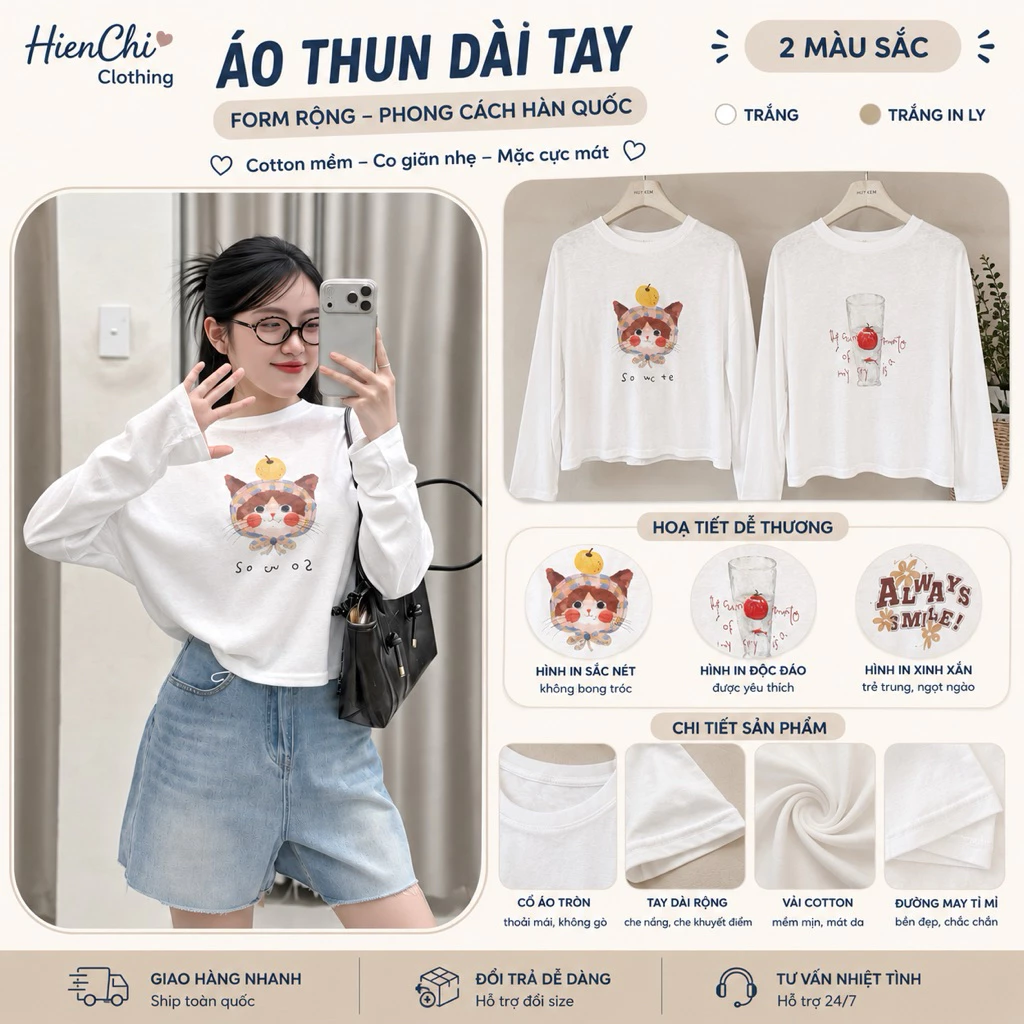 Áo Thun Nữ Tay Dài In Hình Mèo Cute Form Rộng Ulzzang Hàn Quốc Chất Thun Xước Mỏng Nhẹ Co Giãn