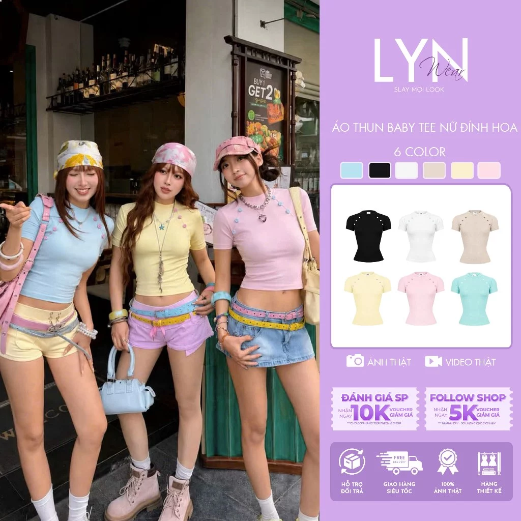 | LYN WEAR | Áo Thun Baby Tee Nữ Đính Hoa Xanh Tiffany Cotton Co Giãn Ôm Dáng Đi Chơi Đi Biển