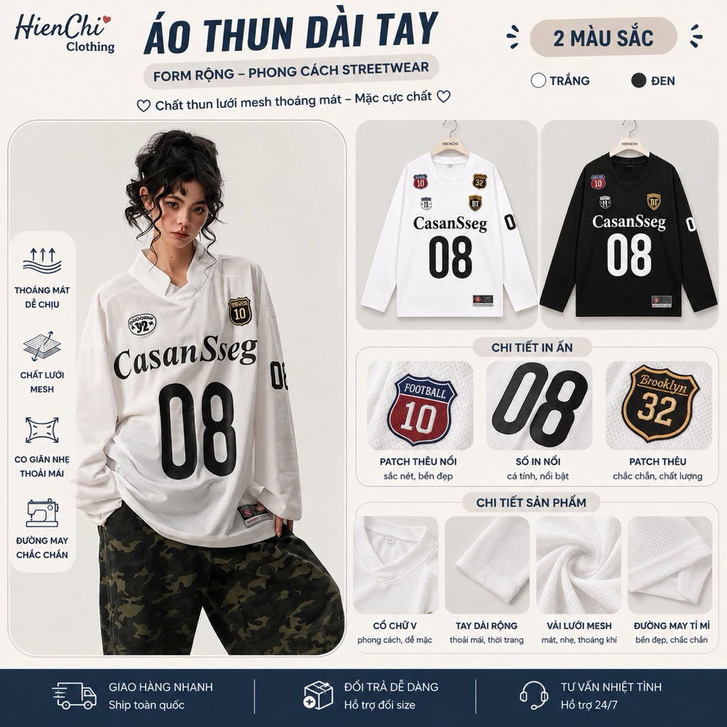 Áo Thun Dài Tay Nữ Form Rộng Oversize Jersey Mesh Thoáng Mát Streetwear Hàn Quốc