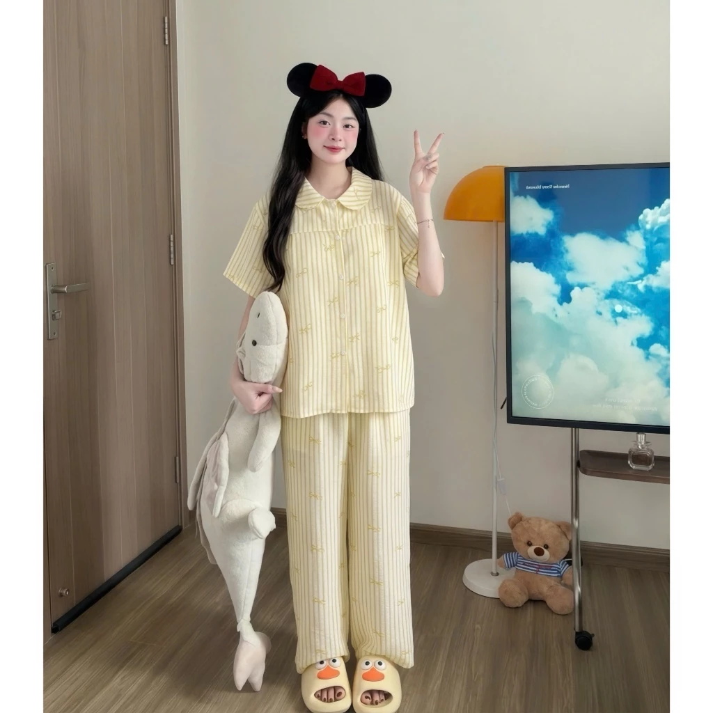 (FORM RỘNG) Kozoda Đồ Ngủ Cotton BN98 Họa Tiết Kẻ Sọc Hình Nơ Dễ Thương Dáng Suông Ngắn Tay Thoải Mái Chất Liệu Mềm Mại
