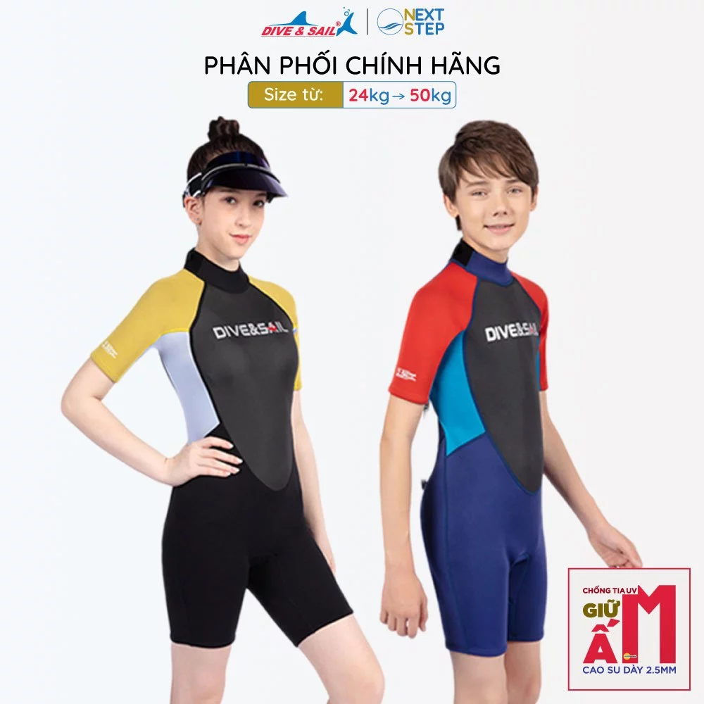Đồ bơi giữ nhiệt bé gái Dive and Sail size 24-50kg, cao su dày 2.5mm giữ ấm ngăn tia UV hiệu quả