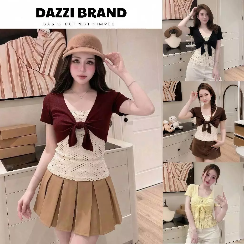 [Size S -> XL]  Set 2 món có bán rời , Áo Hai Dây Chấm Bi phối Áo Khoác Buộc Dây Lửng Vải Cotton DAZZI A030