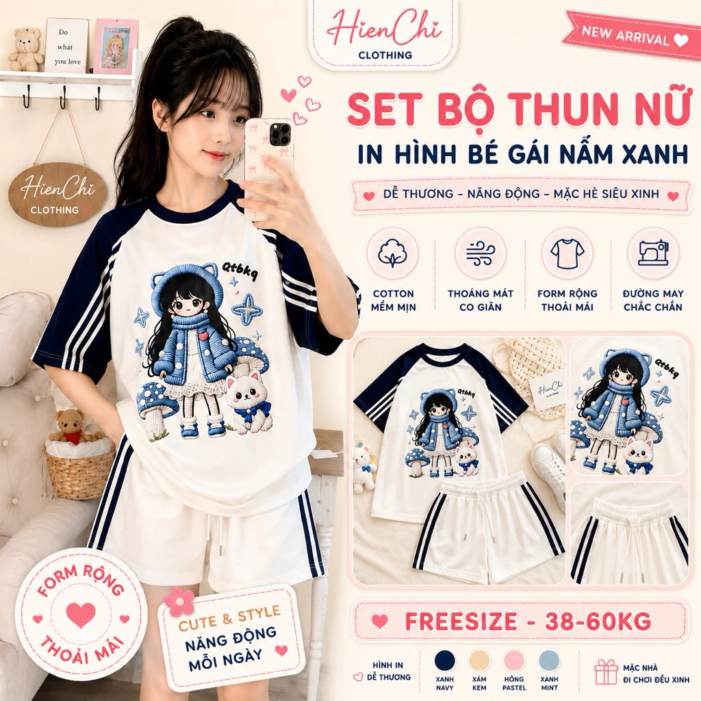 Bộ Đồ Nữ Mặc Nhà Mùa Hè, Set Áo Thun Form Rộng Quần Short Cotton In Hình Bé Gái Nấm Xanh Dễ Thương