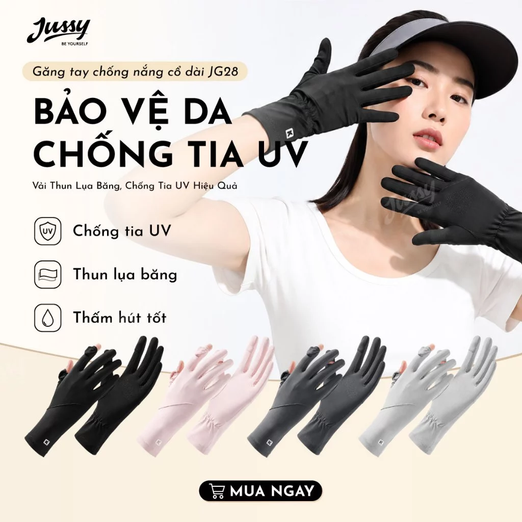Găng Tay Chống Nắng Chống Tia UV Cổ Dài Hở Ngón JG28 Jussy Official Vải Thun Lụa Mát Lạnh Logo Chữ K Cao Cấp Co Giãn