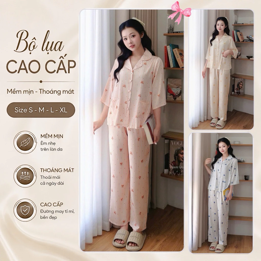 N10 Bộ Pijama Lụa Latin Quần dài Tay Ngắn Thiết Kế Phom Thoải Mái Sang Đủ Size
