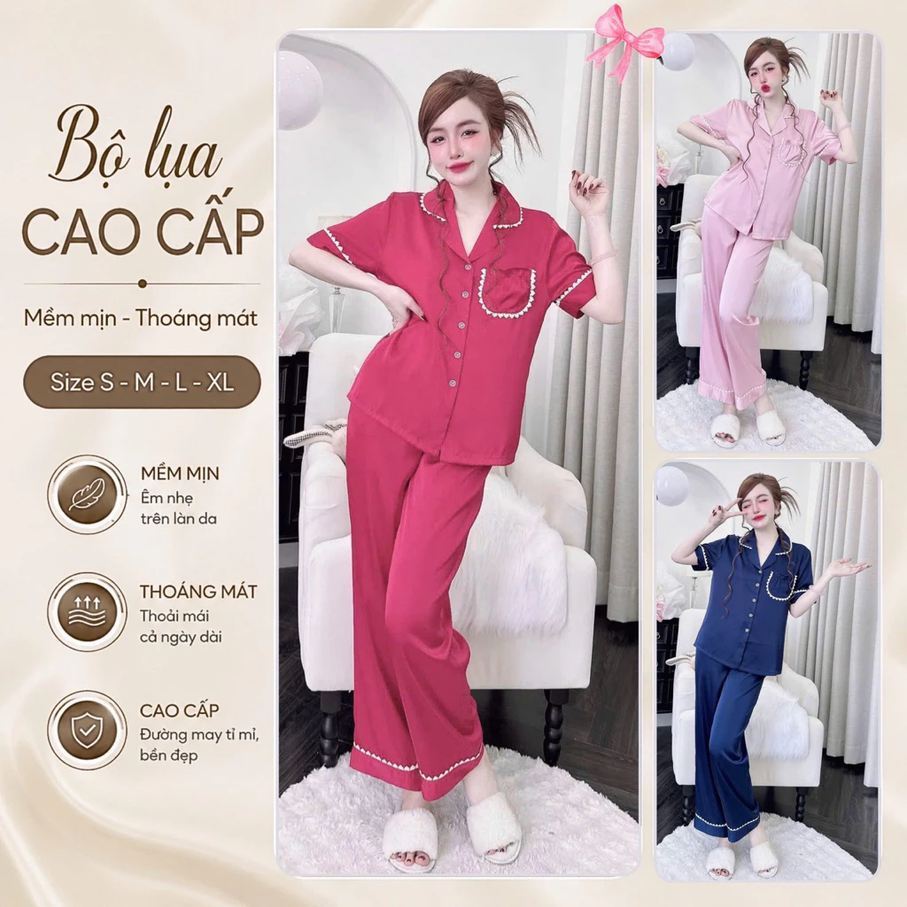 N7 Bộ Đồ Pizama Lụa Latin Mặc Nhà Quần Dài Tay Ngắn Mềm Mịn Thoáng Mát PJM024