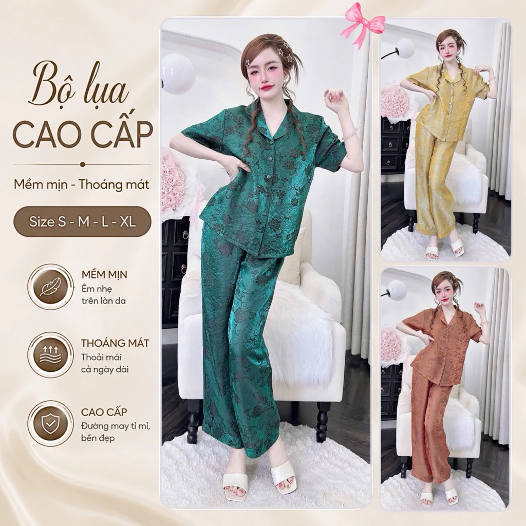 N13 Bộ Pijama Chất Tơ Ánh Nữ Cao Cấp Sang Trọng Quần Dài Tay Ngắn Có Size 40-75kg , Mặc Thoải Mái