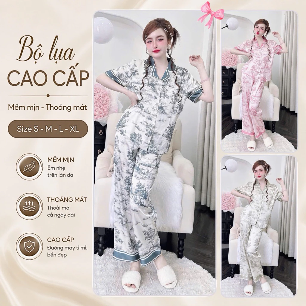 N2 Đồ Bộ Pijama Mặc Nhà Vải Lụa Latin Tay Ngắn Quần Dài Thiết Kế Sang Xinh Dễ Mặc Phom Chuẩn