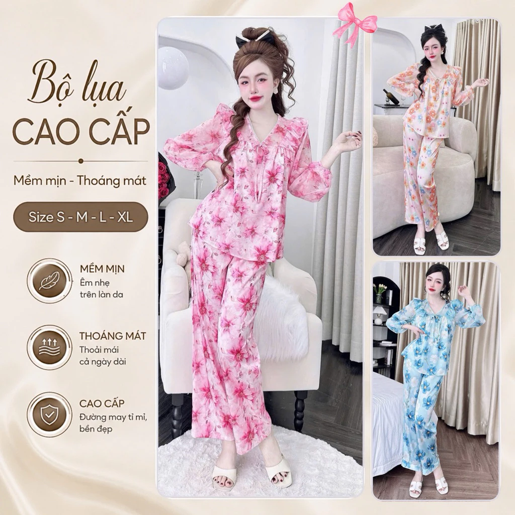 C5 Đồ bộ nữ Lụa Latin phối vôn tơ mặc nhà đủ size 40-75kg cao cấp loại 1 tay dài quần dài mịn mát