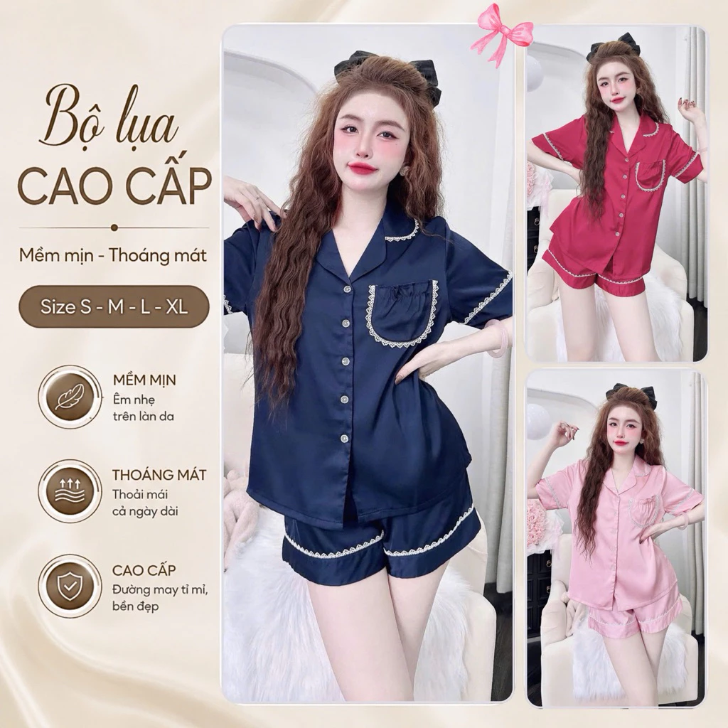 A8 Bộ Đồ Ngủ Pizama Lụa Latin Quần Ngắn Thiết Kế Sang Quần Ngắn Tay Ngắn Mềm Mịn Thoáng Mát PJM005