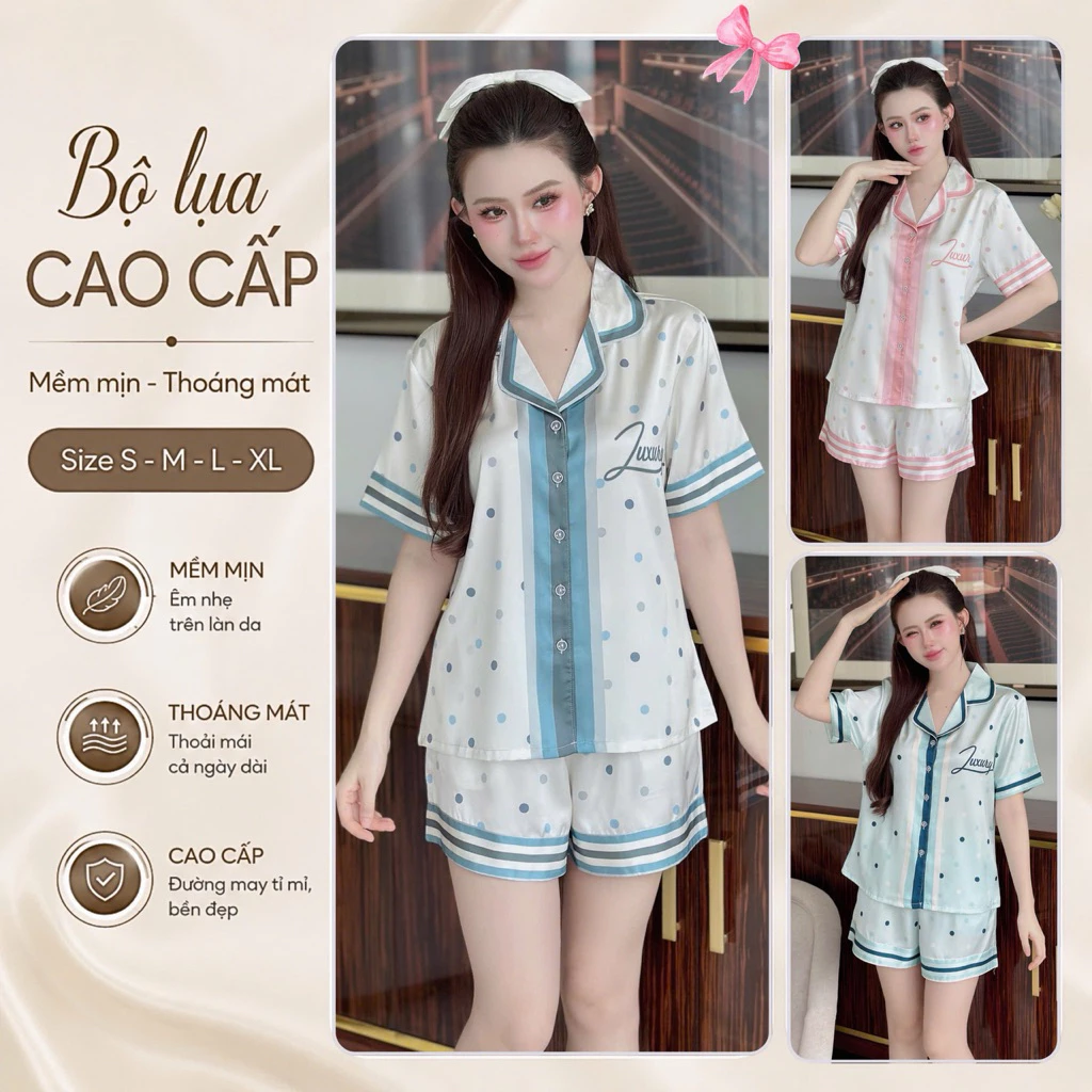 A3 Đồ Bộ Pijama Nữ Đồ Ngủ Lụa Latin Quần Đùi Thiết Kế Sang Trọng, Có Túi Quần